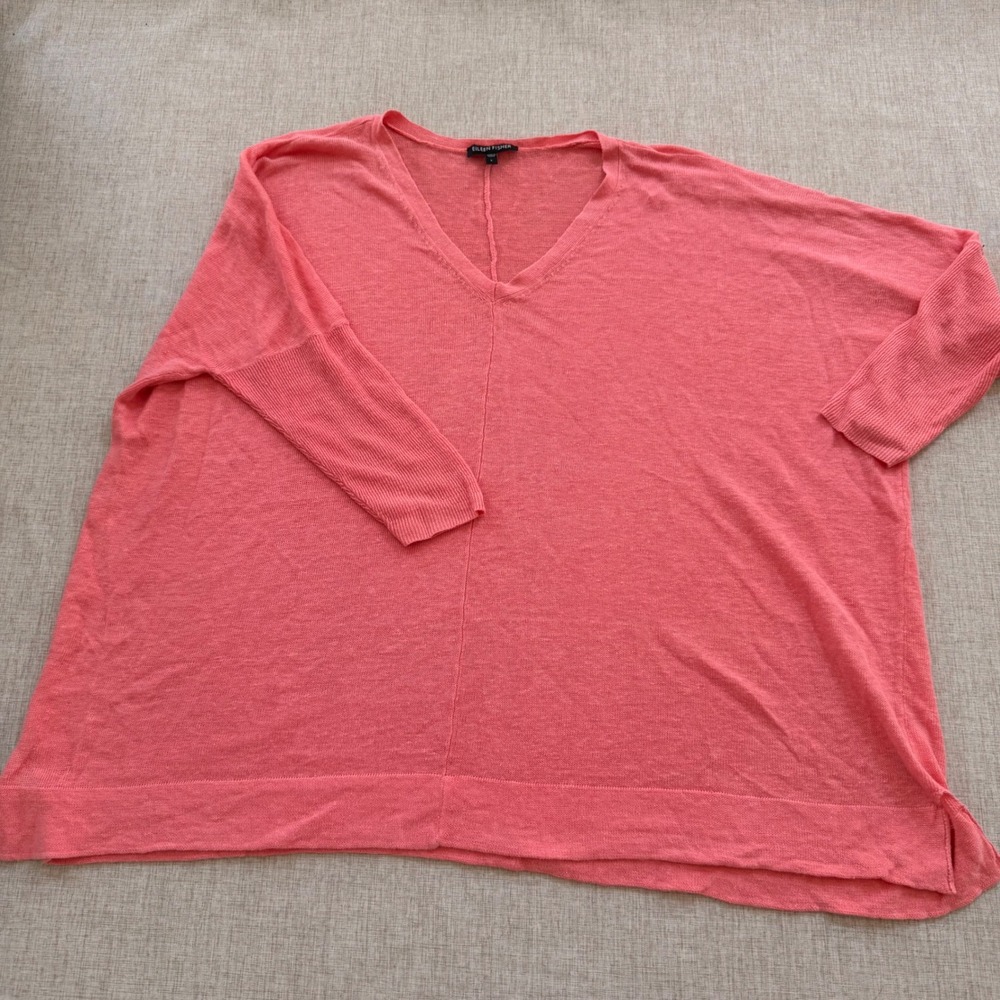 Eileen Fisher Knit Sweater Womens Large 100% Linen Coral Pink coastal Beachy